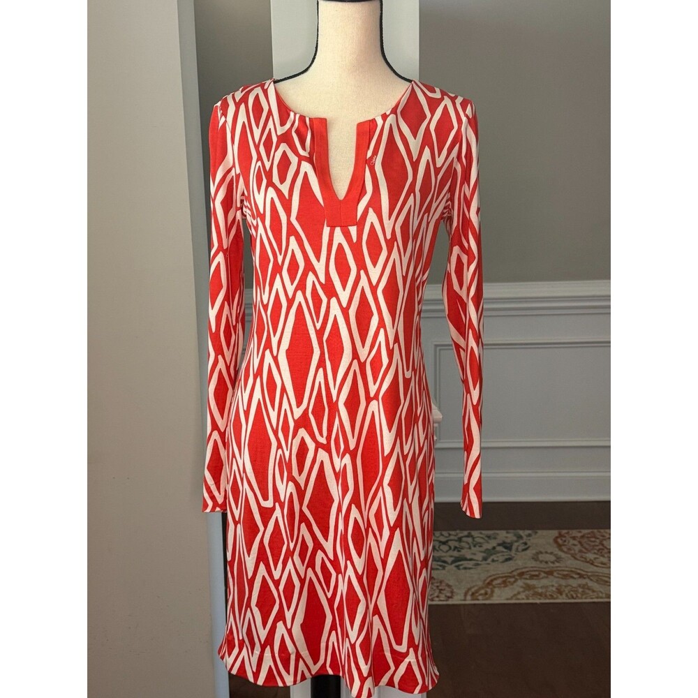 Diane Von Furstenberg Coral Ikat Print Silk Reina Long Sleeve Sheath Dress Sz 6
